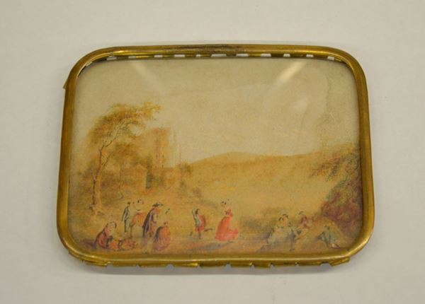 Scuola italiana, sec.XVIII   PAESAGGIO CON FIGURE   miniatura su carta, cm 7x9,5
