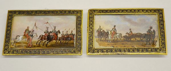 Scuola francese, sec. XIX   SCENE MILITARI   coppia di miniature su carta entro cornice in metallo, cm 4,5x7,5 ciascuno   (2)