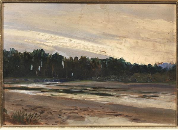 Francesco Rovetta   (Brescia 1849 - Brescia 1932)   PAESAGGIO FLUVIALE   olio su tavoletta, cm 22,5x32