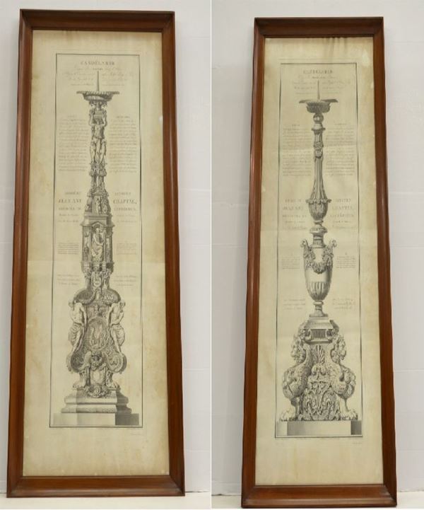 Due incisioni raffiguranti candelabri, cm 100,5x41,5 ciascuno, in cornice (2)  - Asta Arredi, oggetti d'arte, dipinti - Poggio Bracciolini Casa d'Aste