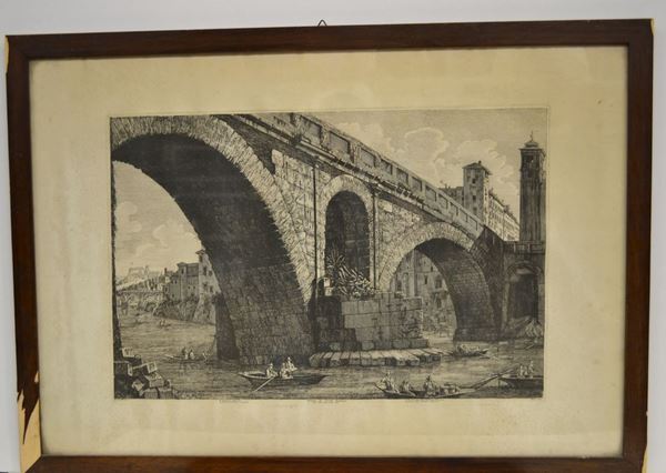 Incisione di Luigi Rossini.   VEDUTA DI PONETE FABRIZIO, cm 49,8X72,5 in cornice