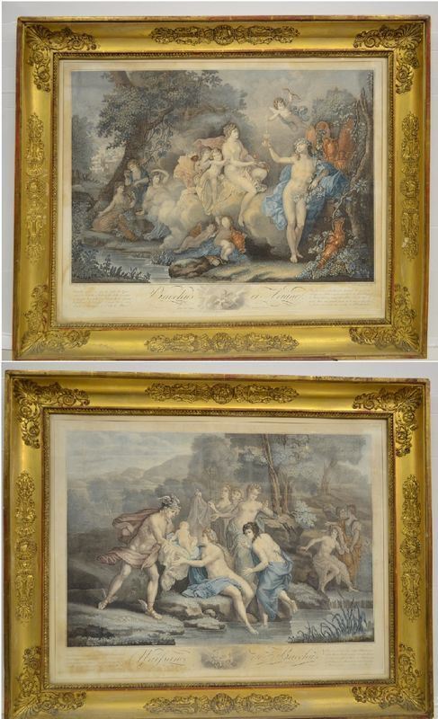 Due litografie raffiguranti la Nascita di Bacco e Bacco e Arianna, cm 50x65 in cornice (2)