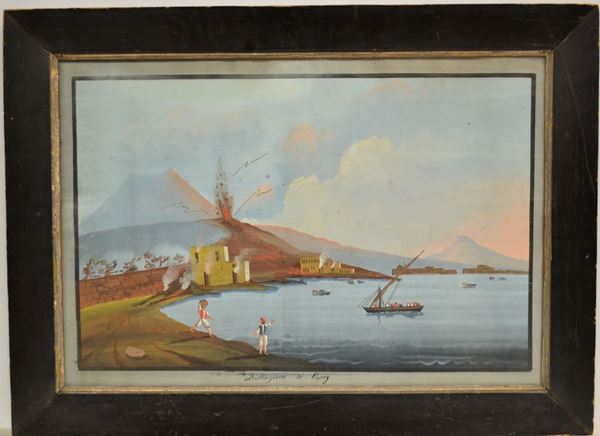 Gouache raffigurante la Distruzione di Pozzuoli, cm 42,5x63 in cornice