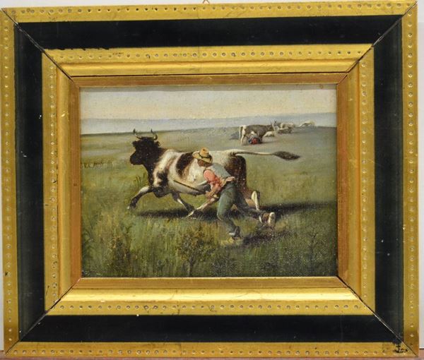 Scuola Italiana, sec.XIX SCENA DI VITA CAMPESTRE olio su tela, cm 17x21.5