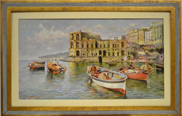 Riccardo Colucci                                                            (Napoli 1937)                                                                NAPOLI, PALAZZO DONN' ANNA                                                    olio su tela, cm 50x90                                                      firmato                                                                     sul retro: firmato e titolato