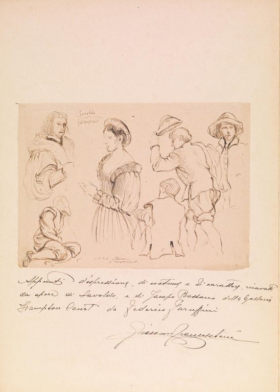 Federico Faruffini   (Sesto San Giovanni 1831 - Perugia 1869)   STUDI DALLâ€™ANTICO   quattro disegni. penna e inchiostro bruno. mm 178x252 cadauno. senza cornice   Schizzi di costumi e dâ€™aprÃ¨s variamente annotati.   Studi da Tiziano, Van Cleve, Savoldo, Jacopo Bassano e Sebastiano del Piombo.  (4)    Bibliografia: A. Finocchi, Federico Faruffini: un pittore tra Romanticismo e Realismo, Cinisello Balsamo 1989, nn. 57-58-59.