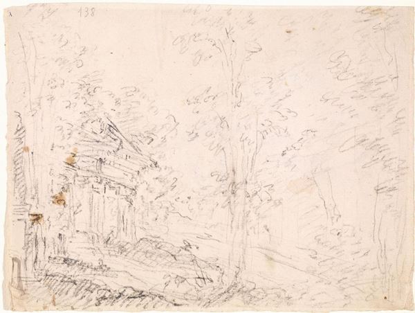 Anonimo, sec. XVIII   PAESAGGIO CON TEMPIETTO   gessetto nero su carta vergellata, mm 230x297, senza cornice   reca firma. Al verso: Studio di un braccio.