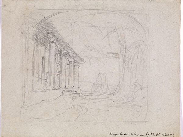 Attribuito ad Antonio Fontanesi   (Reggio Emilia 1818 - Torino 1882)   PAESAGGIO CON TEMPIETTO   matita di grafite su carta verde. mm 215x282.   al verso: Paesaggio con rovine. Matita di grafite.   al recto e verso autentica del pittore Oreste Silvestri: â€œDisegno di Antonio Fontanesi (O. Silvestri autentica)â€ apposta a penna.