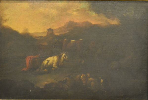 Scuola Italiana, sec. XVIII,   PAESAGGIO CON ARMENTI,   olio su tela, cm 100x69