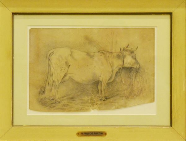 Ferruccio Rontini   ( Firenze 1893-Livorno 1964 )   MUCCA,   disegno su carta, datato 1938, cm 27x18,   difetti