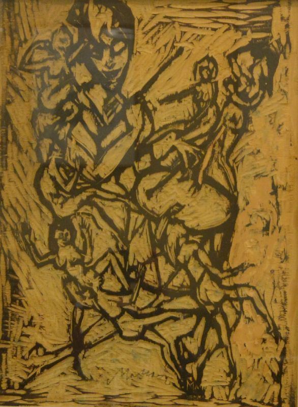 Mino Maccari   ( Siena 1898-Roma 1989 )   FIGURE,   incisione su legno, cm 43,5x53  - Asta Arredi, oggetti d'arte, dipinti - Poggio Bracciolini Casa d'Aste