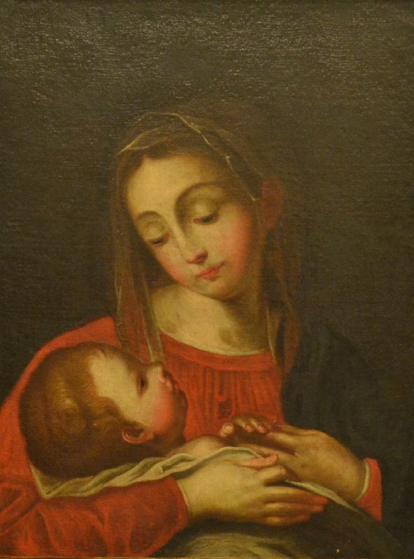 Scuola Italiana, sec. XVIII,  MADONNA CON BAMBINO,  olio su tela, cm 50x63,   rintelato, difetti