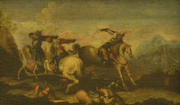 Scuola Italiana, sec. XVIII,   BATTAGLIA,  olio su tela, cm 28x47,   rintelato e restaurato