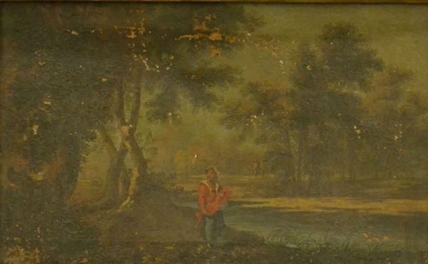 Scuola Italiana, sec. XVIII,  PAESAGGIO LACUSTRE,  olio su tela, cm 46,5x29,   difetti e mancanze