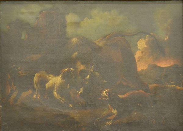 Scuola Italiana, sec. XVIII,  SCENA DI CACCIA,   olio su tela, cm 84x115