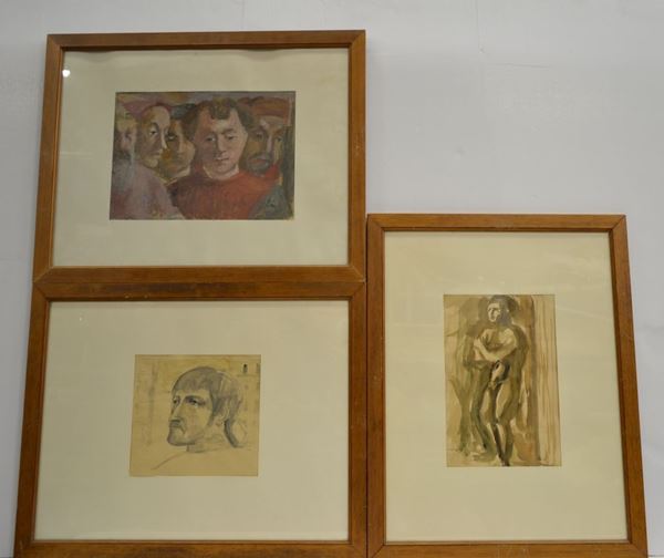 Mario Marcucci  (Viareggio 1910 - 1992)  a) DA MASACCIO. IL TRIBUTO DELLA MONETA  acquerello su carta, cm 20x21,5  eseguito nel 1958 b) NUDO FEMMINILE  acquerello su carta, cm 29x20 firmato c) DA MASACCIO. RESURREZIONE DEL FIGLIO DI TEOFILO olio su cartone, cm 23,5x32 eseguito nel 1959 (3)