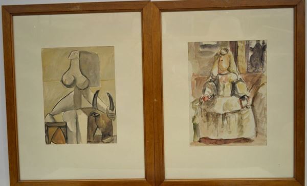 Mario Marcucci   (Viareggio 1910 - 1992)   a) DA VELAZQUEZ. LAS MENINAS  acquerello su carta, cm 31,5x23,5   eseguito nel 1947 b) DA PICASSO. RATTO D'EUROPA   acquerello su carta, cm 30x22   eseguito nel 1952   (2)  - Asta Arredi, oggetti d'arte, dipinti - Poggio Bracciolini Casa d'Aste
