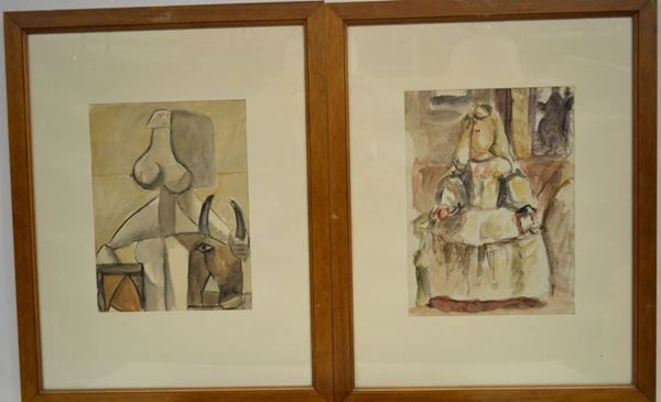 Mario Marcucci   (Viareggio 1910 - 1992)   a) DA VELAZQUEZ. LAS MENINAS  acquerello su carta, cm 31,5x23,5   eseguito nel 1947 b) DA PICASSO. RATTO D'EUROPA   acquerello su carta, cm 30x22   eseguito nel 1952   (2)