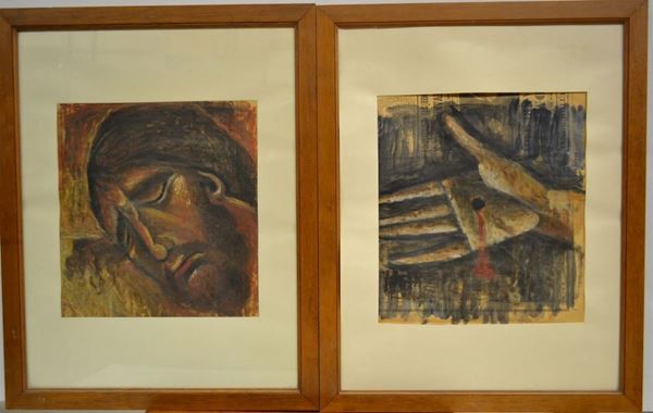Mario Marcucci  (Viareggio 1910 - 1992)  (a) DA CIMABUE. CROCIFISSO  olio su carta, cm 32x29  eseguito nel 1959  (b) DA CIMABUE. CROCIFISSO  olio su carta, cm 30x20  eseguito nel 1959  (2)