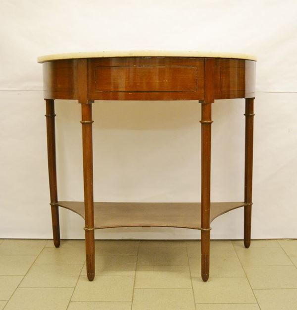 Consolle semicircolare, Francia, sec. XIX, in mogano, ad un cassetto, piano in marmo, gambe tornite e sottopiano, cm 130x66,5x118
