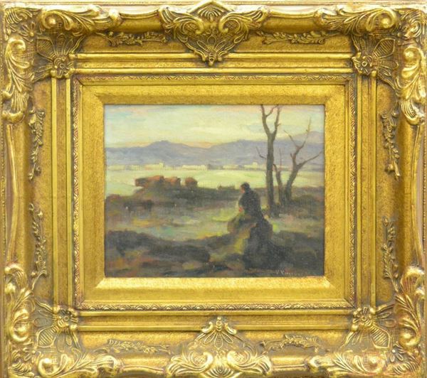 Vincenzo Vincinguerra   (Caccamo 1922)   PAESAGGIO CON FIGURE    olio su cartone telato, cm 25x30