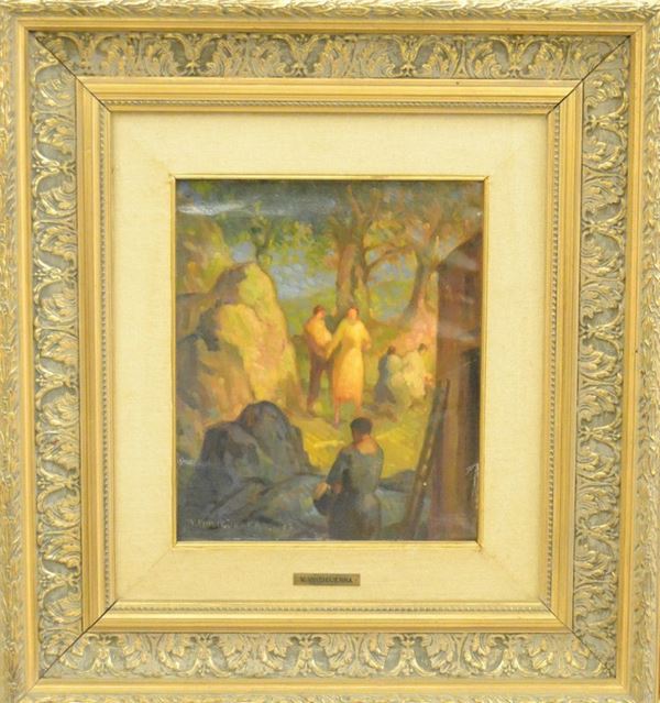 Vincenzo Vincinguerra   (Caccamo 1922)   PAESAGGIO CON FIGURE   olio su cartone telato, cm 25x30