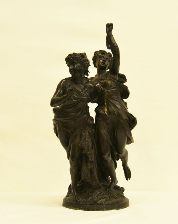 Scultura, sec. XX, in bronzo, NEREIDI, firmate PETFIER, alt. cm 65