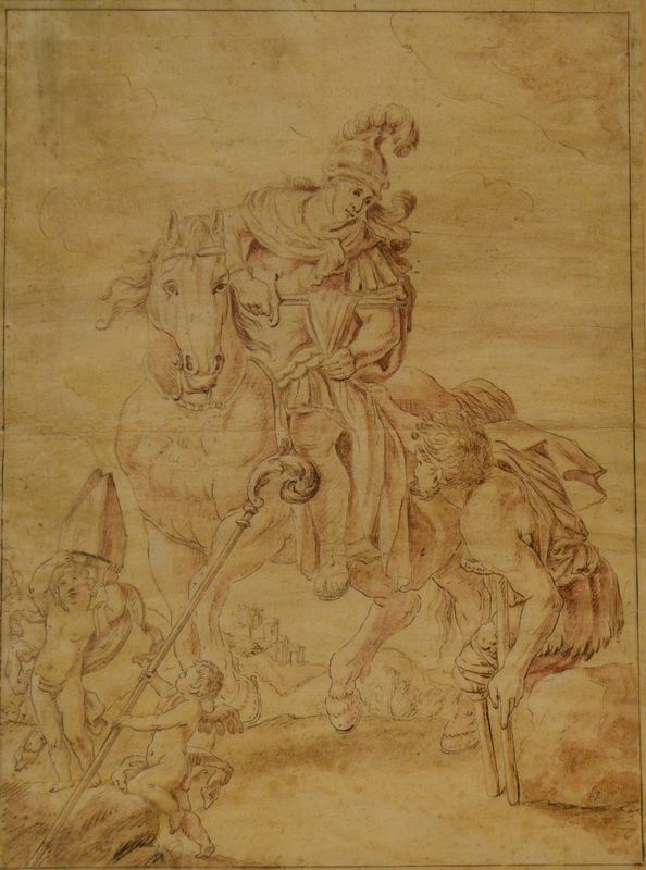 Scuola Italiana, sec. XVIII,   CAVALIERE E MENDICANTE,   disegno su carta, cm 47x35