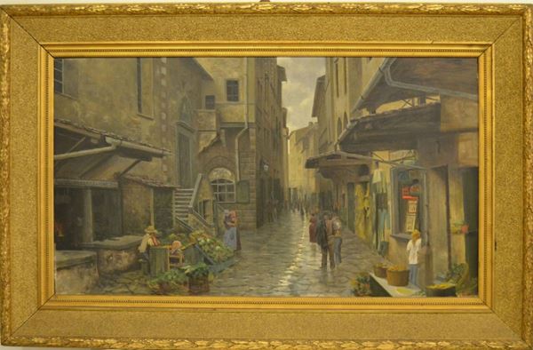 Scuola Italiana, sec. XX  VICOLO DI CITTA'  olio su tela entro cornice, cm 160x91  firmato Signorini