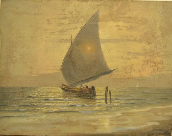 Scuola Italiana, sec. XX,   LAGUNA VENETA,   olio su masonite, cm 90x70,   firmato Mancino