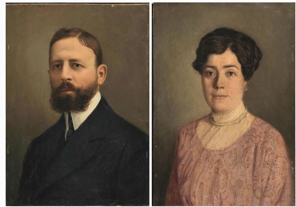 Attribuito a Filadelfo Simi   RITRATTO DI GENTILUOMO E RITRATTO DI GENTILDONNA   coppia di olii su tavoletta, cm 32x24 ciascuno   (2)