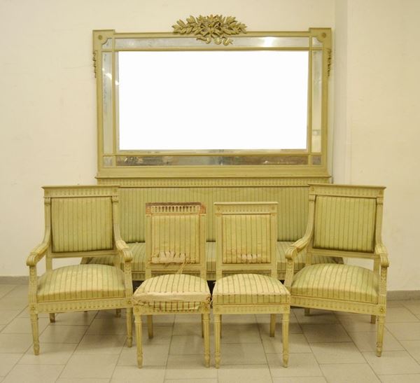 Divano, due poltrone, due sedie e grande specchiere, inizi sec. XX, in legno laccato e intagliato, da restaurare, mancanze, marcate Ducrot  - Asta Arredi, oggetti d'arte, dipinti - Poggio Bracciolini Casa d'Aste