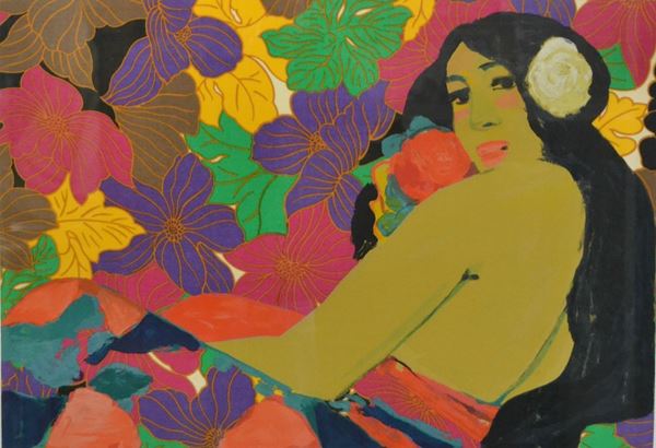 Salvatore Fiume ( Comiso 1915-Milano 1997 )  FIGURA FEMMINILE  litografia a colori, tiratura 1/2, cm 72x51