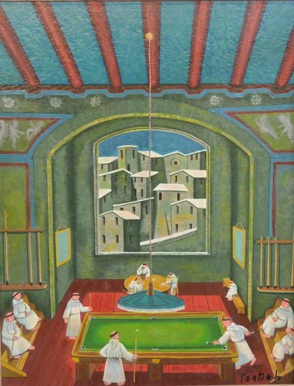 Norberto Proietti ( Spello 1927-2009 )  IL BILIARDO  tecnica mista su tela, cm 70x90