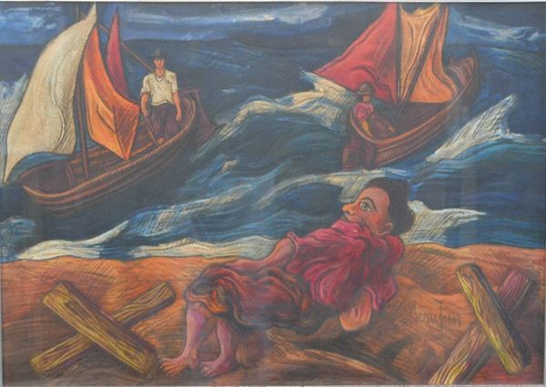 Giuseppe Serafini ( 1915-1987 )  MARINA  olio su cartone, cm 50x70