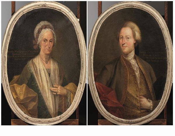 Scuola Italia settentrionale, sec. XVIII   RITRATTO DI SIGISMONDO BRUMANI CAUZZI E MARGHERITA BRUMANI GADI CAUZZI  coppia di dipinti ad olio su tela ovale, cm 100x75 ca
