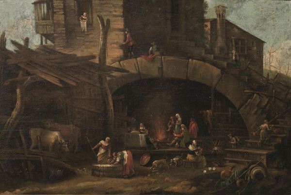 Scuola fiamminga, sec. XVIII  CASOLARE CON CONTADINI E ARMENTI olio su tela, cm 60x90