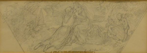 Giuseppe Bezzuoli  (Firenze 1784-1855)  RINALDO, ARMIDA E DUE PUTTI CON STEMMA   disegno a matita su carta, cm 26,8x43
