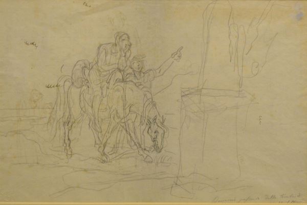 Giuseppe Bezzuoli   (Firenze 1784-1855)   BOCCACCIO PASSANDO DALLA TOMBA DI DANTE   disegno su carta, sul retro disegni a china e matita, cm 40,5x49,5