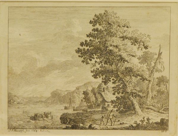 Jacob Phlipp Hackert  (Prenzlau 1737-San Pietro di Careggi 1807)  PAESAGGIO MARINO  incisione su carta, mm 160x205