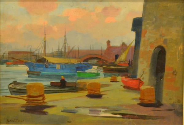 Renato Natali   (Livorno 1883-1979)   MARINA   olio su tavoletta, cm 50x35