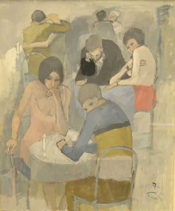 Bruno Paoli  (Firenze 1915-2005)  AL CAFFE'   olio su tavoletta, cm 50x60  datato 1976