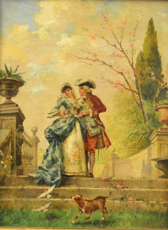 Aldo Affortunati  ( 1906-1991 )  SCENA GALANTE  olio su tavoletta, cm 29x37,5