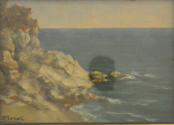 Mario Bordi  (Firenze 1896-1980)  SCOGLIERA DI LEVANTE   olio su faesite, cm 27x19