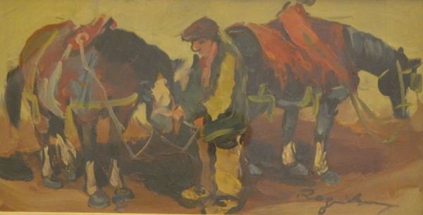 Basso Ragni   (Termoli 1921-Livorno 1979 )  BARROCCIO   olio su tavoletta, cm 22x42