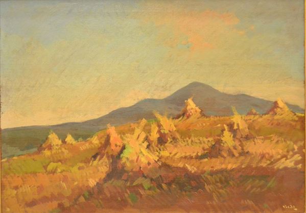 Angiolo Volpe  (Livorno 1943)  CAMPAGNA CON COVONI   olio su compensato, cm 50x70