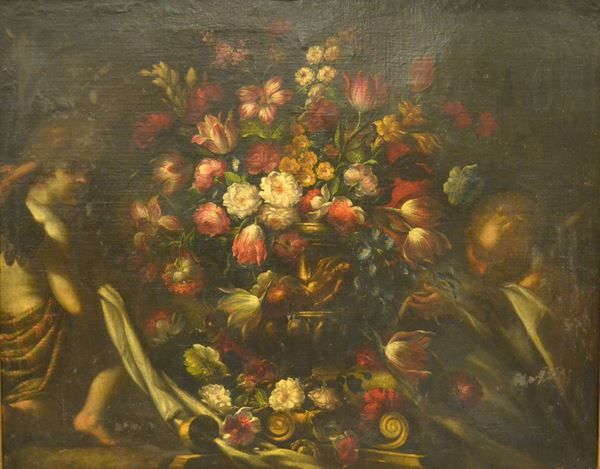 Scuola Italia centrale, sec. XVIII,   VASO CON FIORI E PUTTI ALATI,   olio su tela, cm 132x102,5,   estesi restauri e ridipinture di epoca posteriore