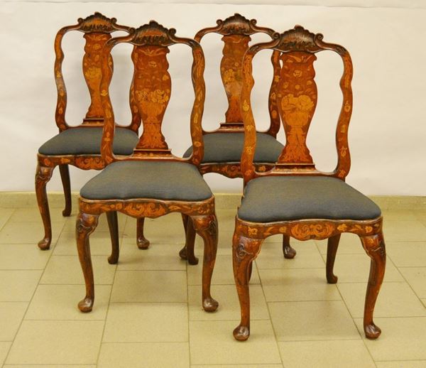 Quattro sedie, Olanda sec. XVIII, in noce intarsiato a fiori e sagomato, finali intagliati, imbottite e ricoperte in stoffa a righe  (4)