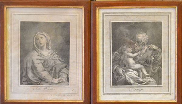 Coppia di incisioni, sec. XIX,   SAN GIUSEPPE E MADRE DOLOROSA,   cm 22x26  ( 2 )