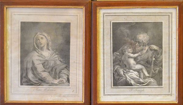 Coppia di incisioni, sec. XIX,   SAN GIUSEPPE E MADRE DOLOROSA,   cm 22x26  ( 2 )